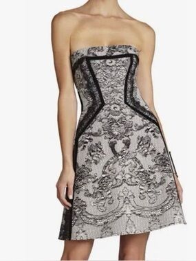 BCBGMaxAzria Strapless Black and White Lace-Effect A-Line Dress